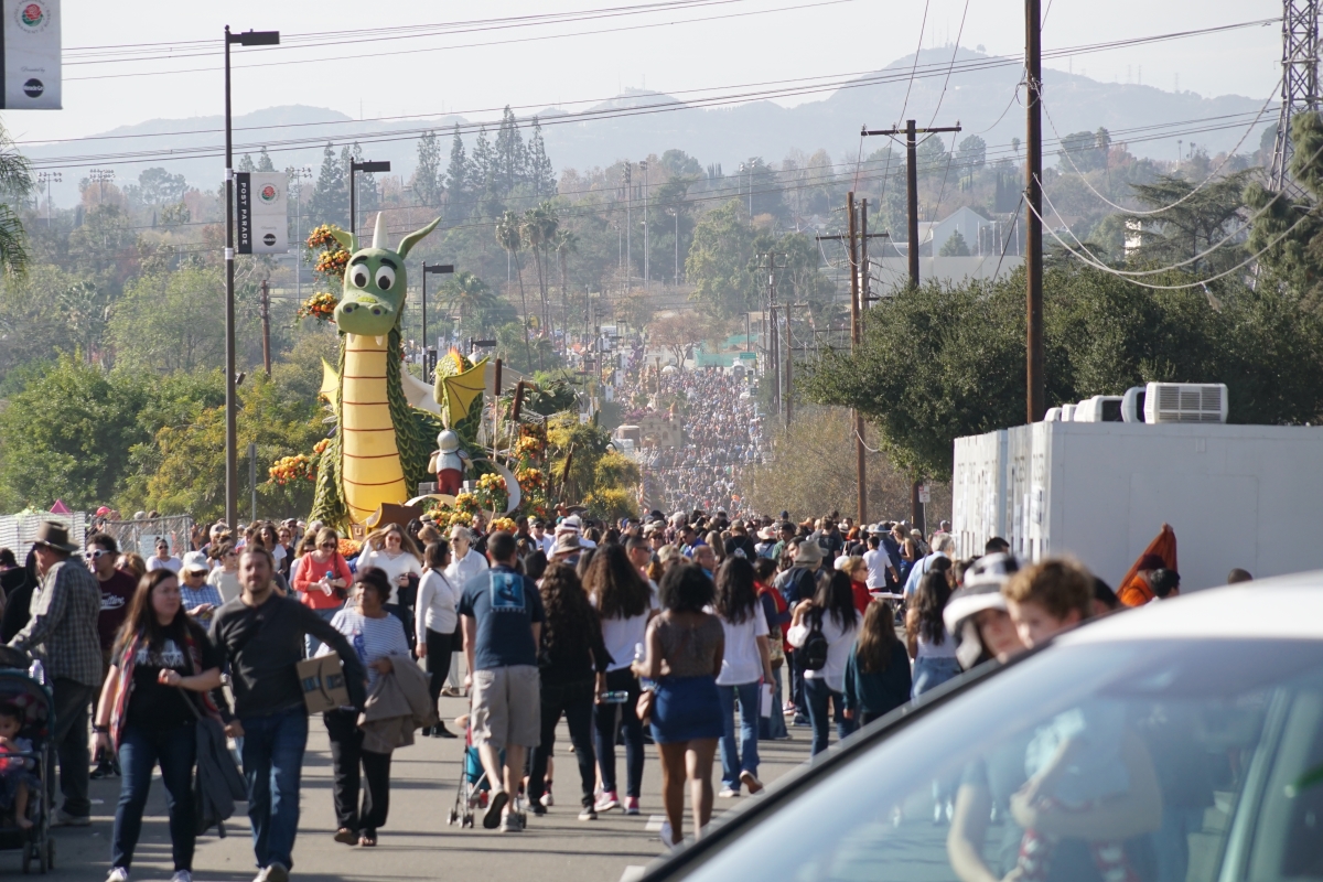 View of the floats down Sierra Madre Boulevard.